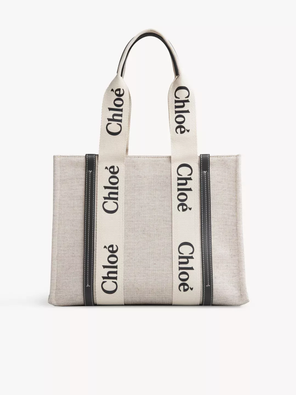 "WOODY" medium tote bag made of cotton canvas and shiny calfskin with "WOODY" ribbon - Image 2