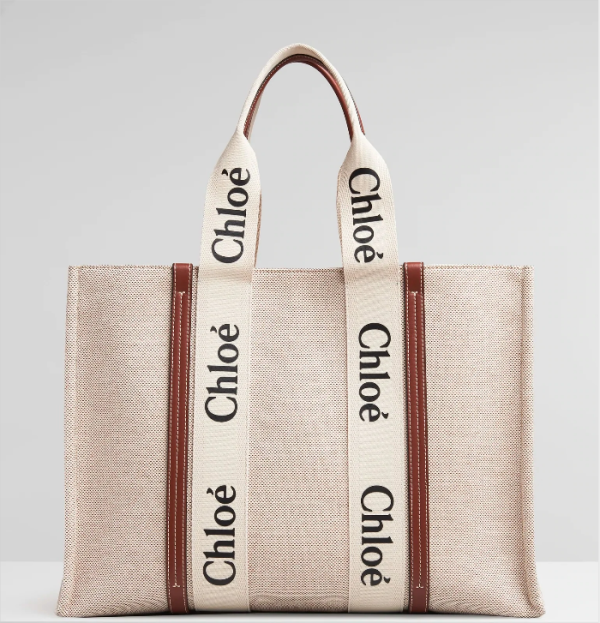 "WOODY" medium tote bag made of cotton canvas and shiny calfskin with "WOODY" ribbon